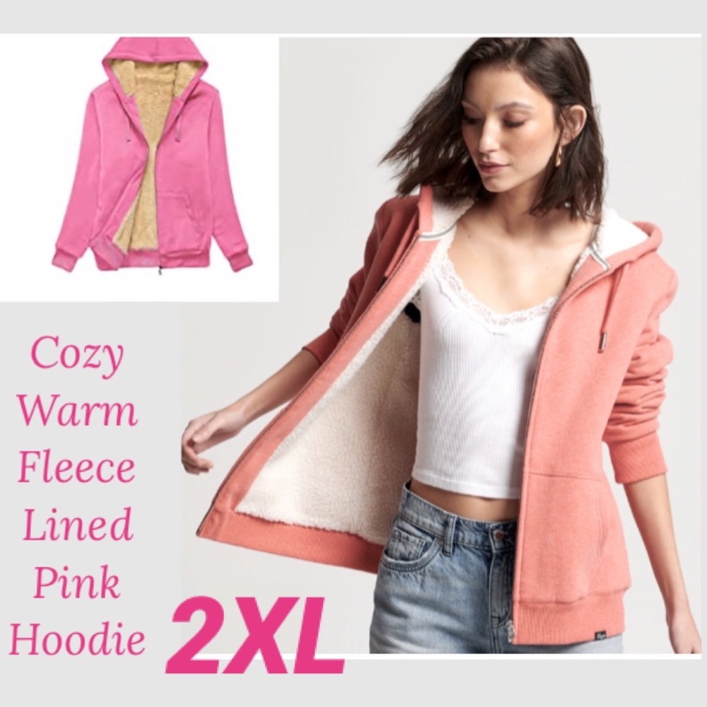 Cozy Pink Warm Soft Sherpa Lined Zip Up Hooded Sweatshirt Womens Plus Size 2XL